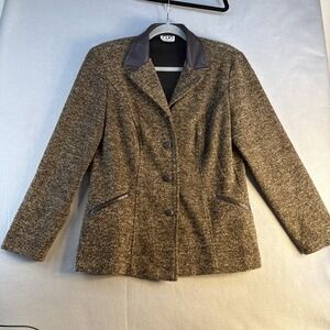 Vintage CLIO Brown Tweed Look Blazer Jacket Size 10 Faux Leather Trim Women's